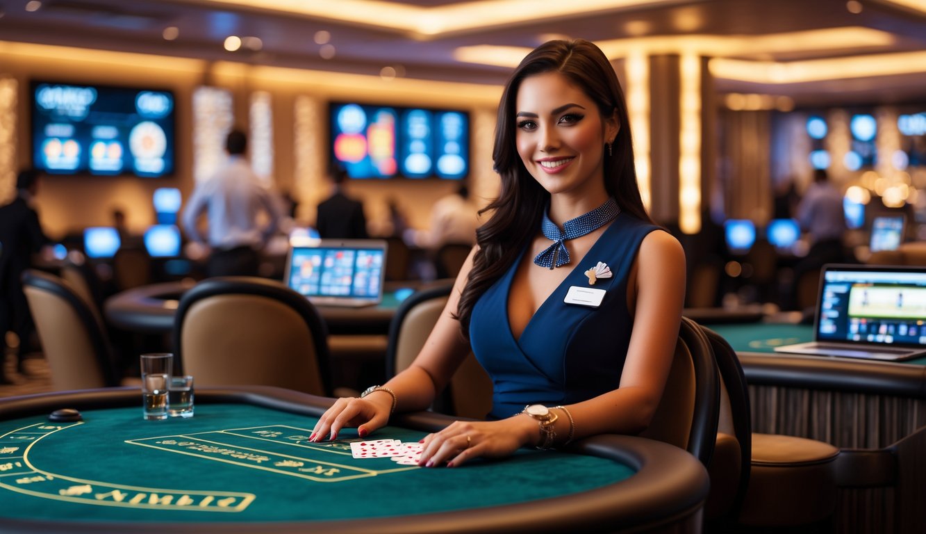 Seorang dealer wanita profesional sedang bermain blackjack di kasino online dengan latar belakang suasana kasino modern dan pemain yang berinteraksi melalui perangkat digital.