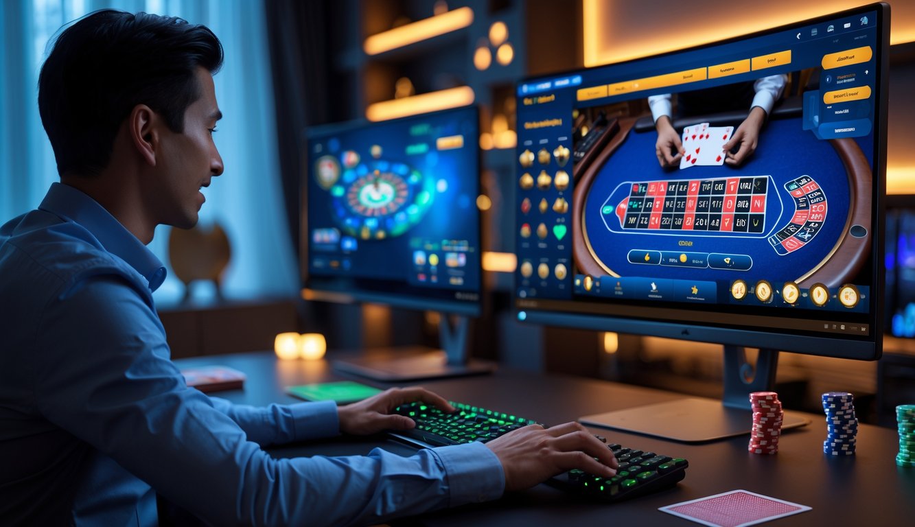 Seseorang sedang bermain permainan kasino online secara real-time di depan komputer dengan tampilan dealer langsung dan meja permainan kasino.