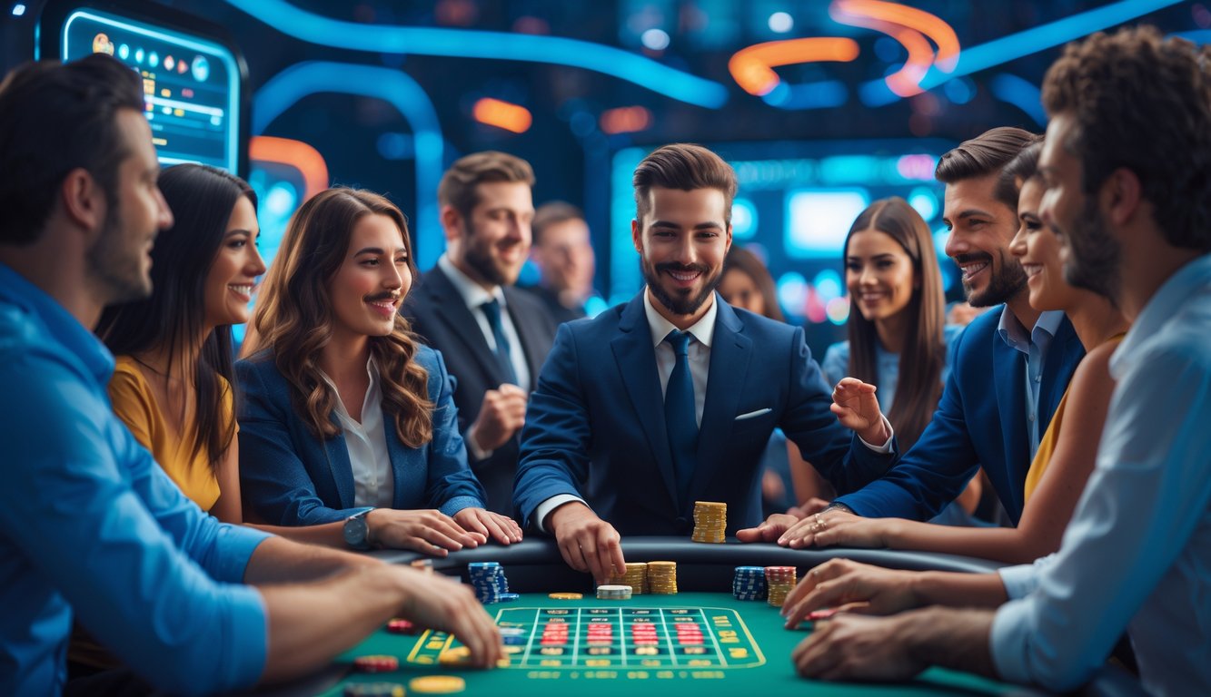 Sejumlah orang bermain permainan kasino langsung secara online dengan dealer yang muncul di layar besar dalam suasana digital modern.