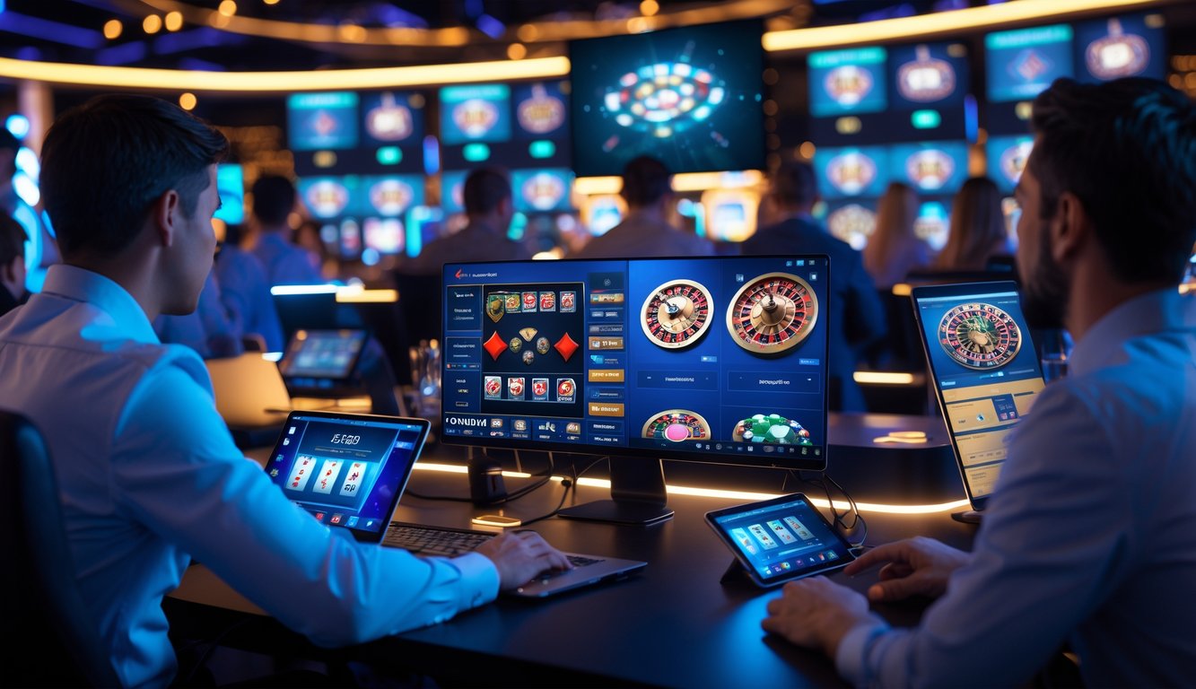 Beberapa orang bermain permainan kasino langsung secara online menggunakan perangkat digital di lingkungan teknologi modern.