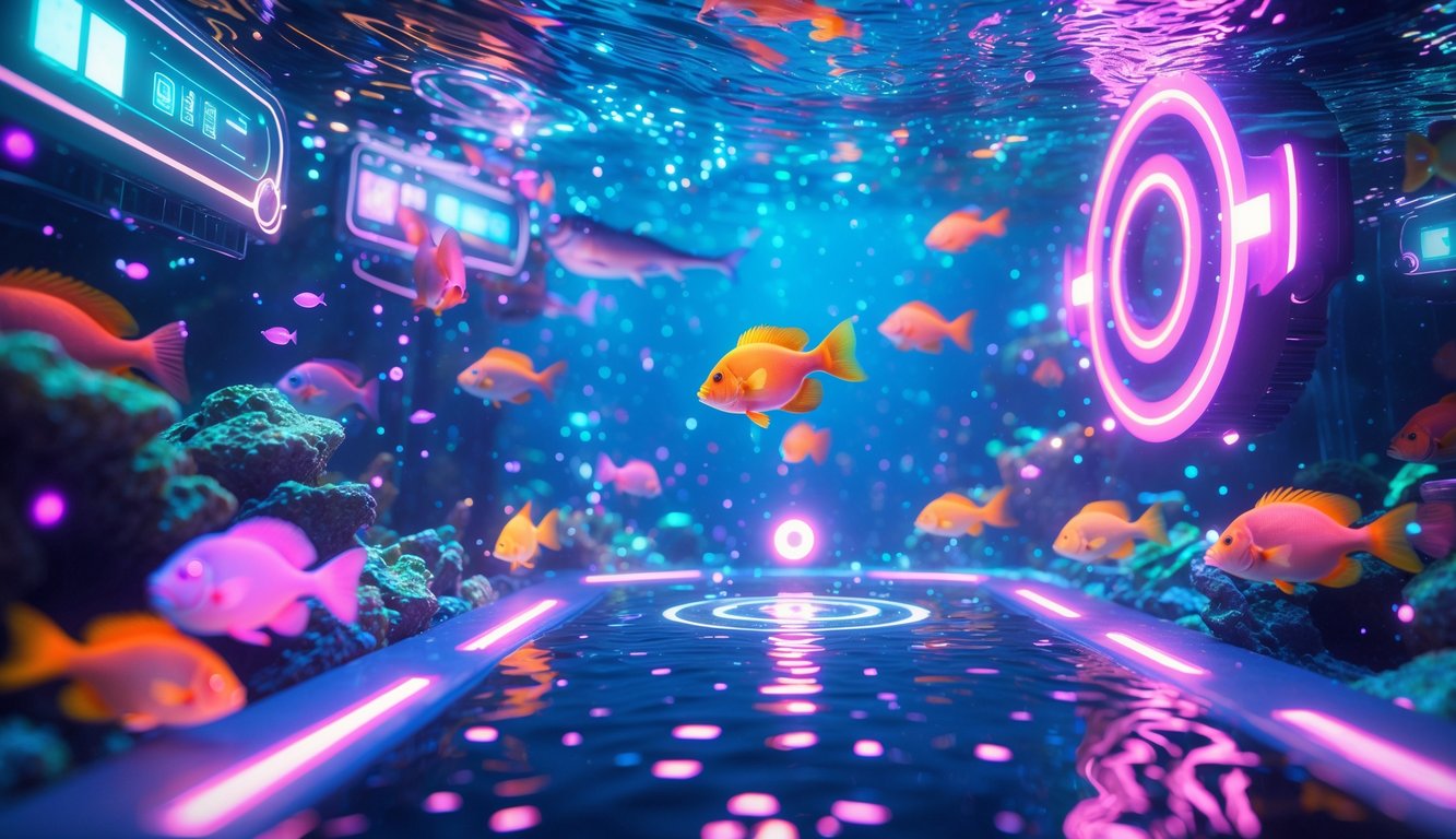 Laut digital penuh warna dengan ikan-ikan cerah dan target bercahaya yang menggambarkan suasana permainan menembak ikan.