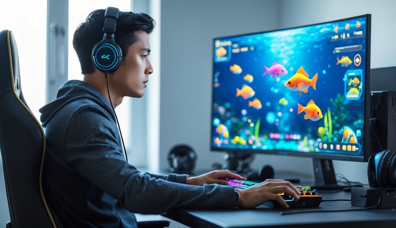 Seorang pria dewasa fokus bermain permainan judi tembak ikan di depan komputer dengan layar besar di sebuah ruangan yang rapi.