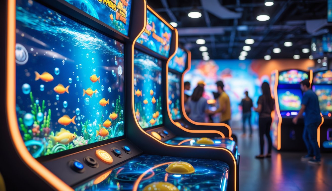 Mesin permainan tembak ikan modern dengan efek visual berwarna-warni di dalam arcade game yang ramai.