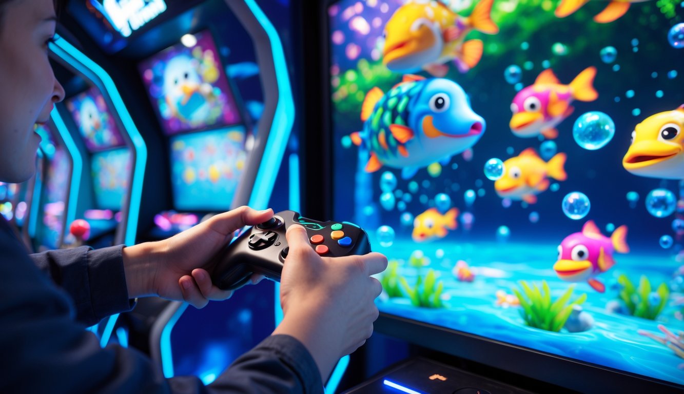 Seorang pemain sedang bermain permainan tembak ikan di arcade dengan layar besar menampilkan ikan warna-warni dan latar bawah laut.