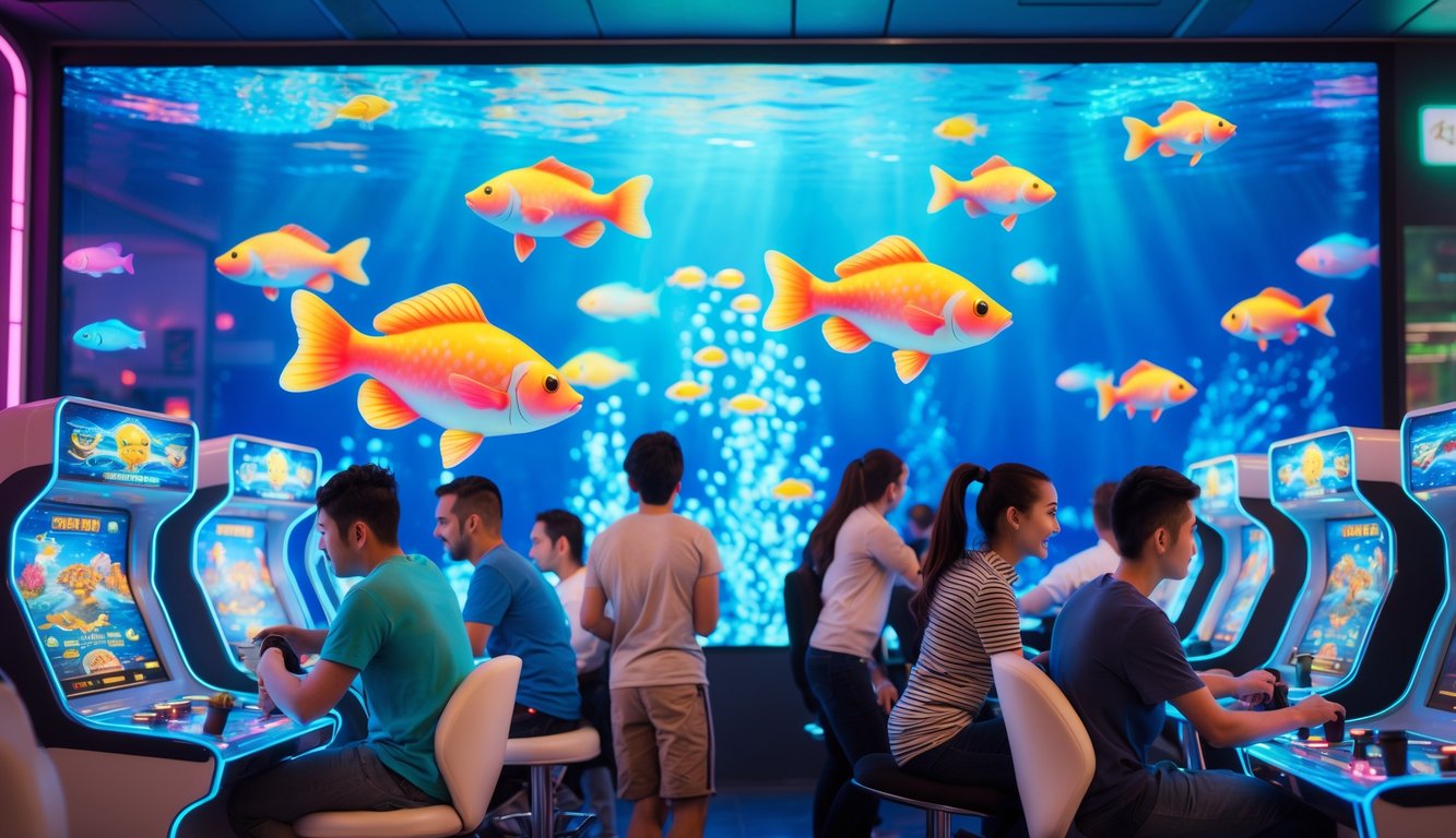 Sejumlah orang bermain permainan tembak ikan di sebuah arena permainan dengan layar besar dan ikan warna-warni di latar belakang.