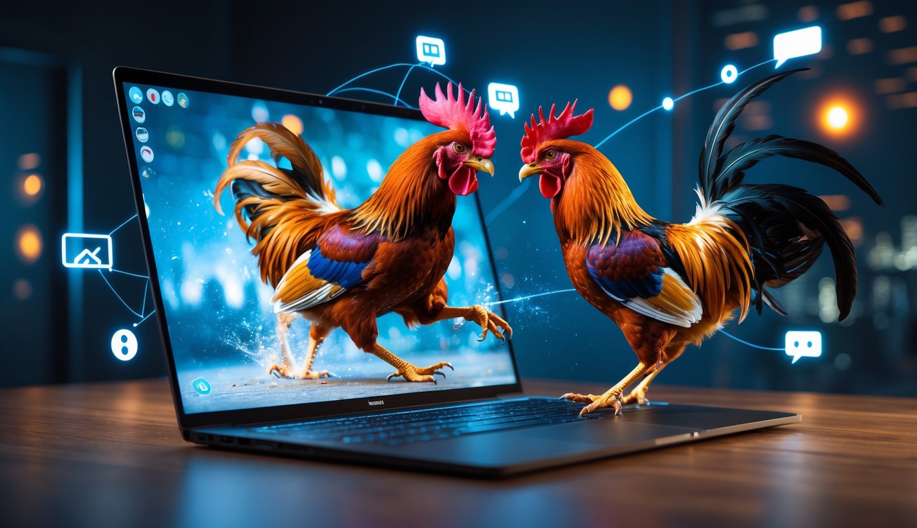 Dua ayam jago bertarung di layar komputer dalam suasana kompetisi sabung ayam online yang intens.