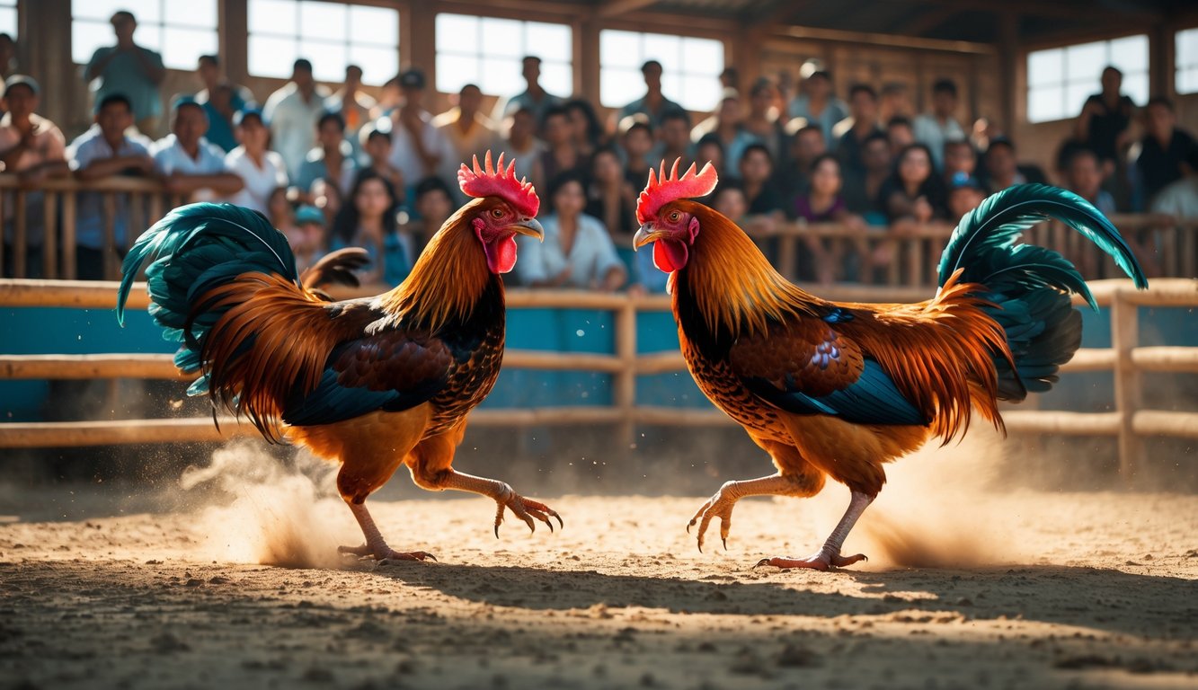 Dua ayam jago sedang bertarung di arena sabung ayam dengan penonton yang antusias mengamati dari sekeliling.