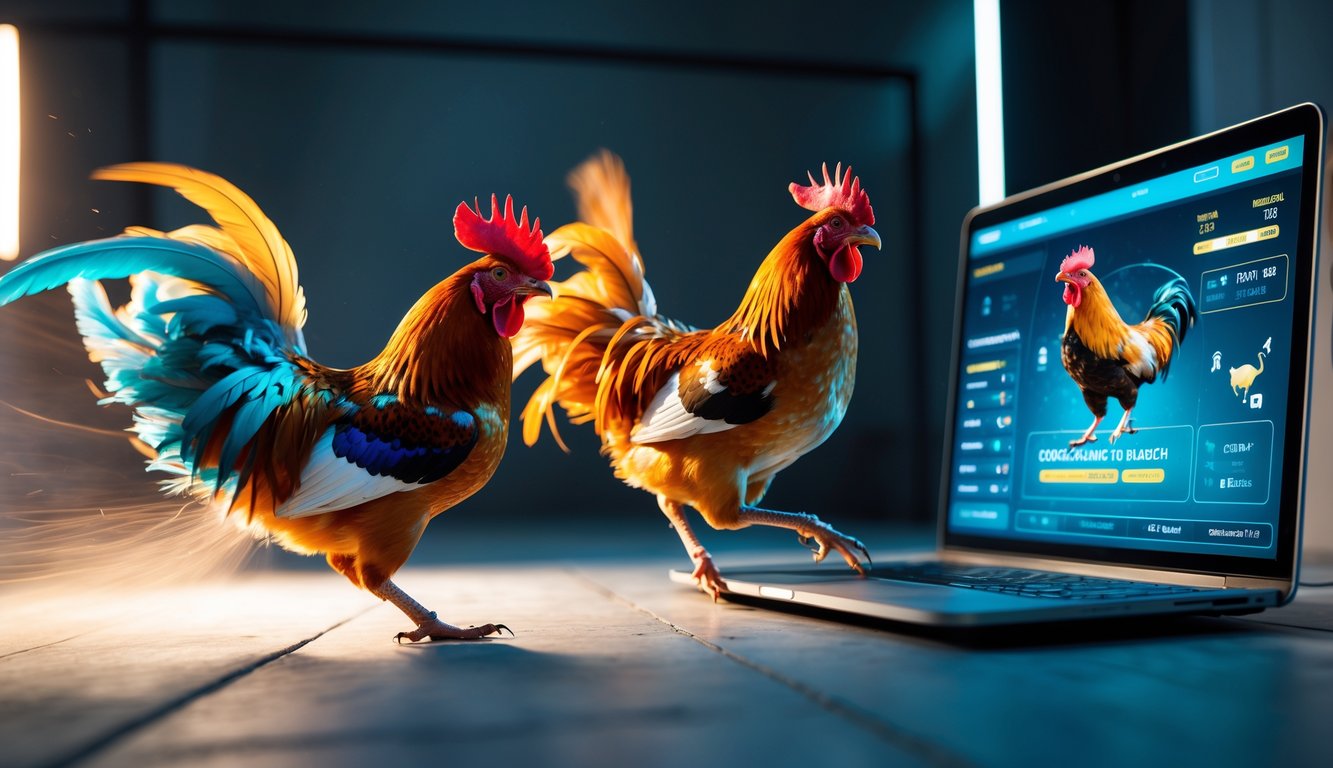 Dua ayam jago berwarna-warni sedang bertarung dengan latar belakang layar digital modern yang menampilkan elemen taruhan dan strategi.