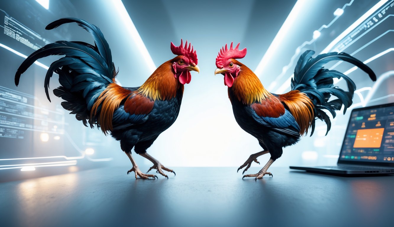 Dua ayam jago sedang bertarung di udara dengan latar belakang elemen digital yang menunjukkan suasana pertarungan online modern.
