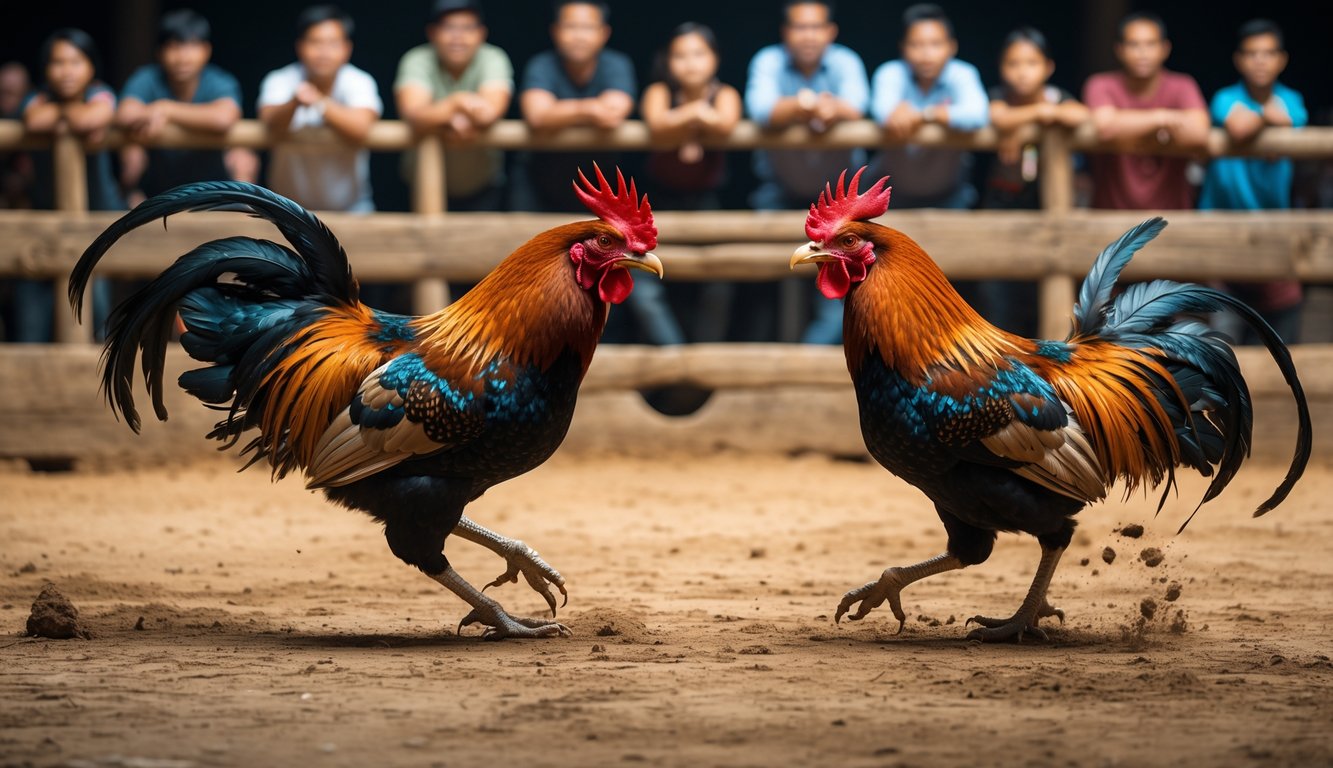 Dua ayam petarung sedang bertarung di arena sabung ayam dengan penonton di latar belakang.
