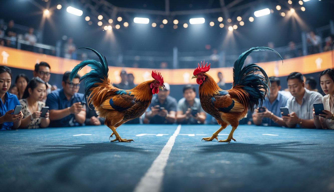 Dua ayam jago sedang bertarung di arena dengan penonton yang mengamati dan merekam menggunakan ponsel.