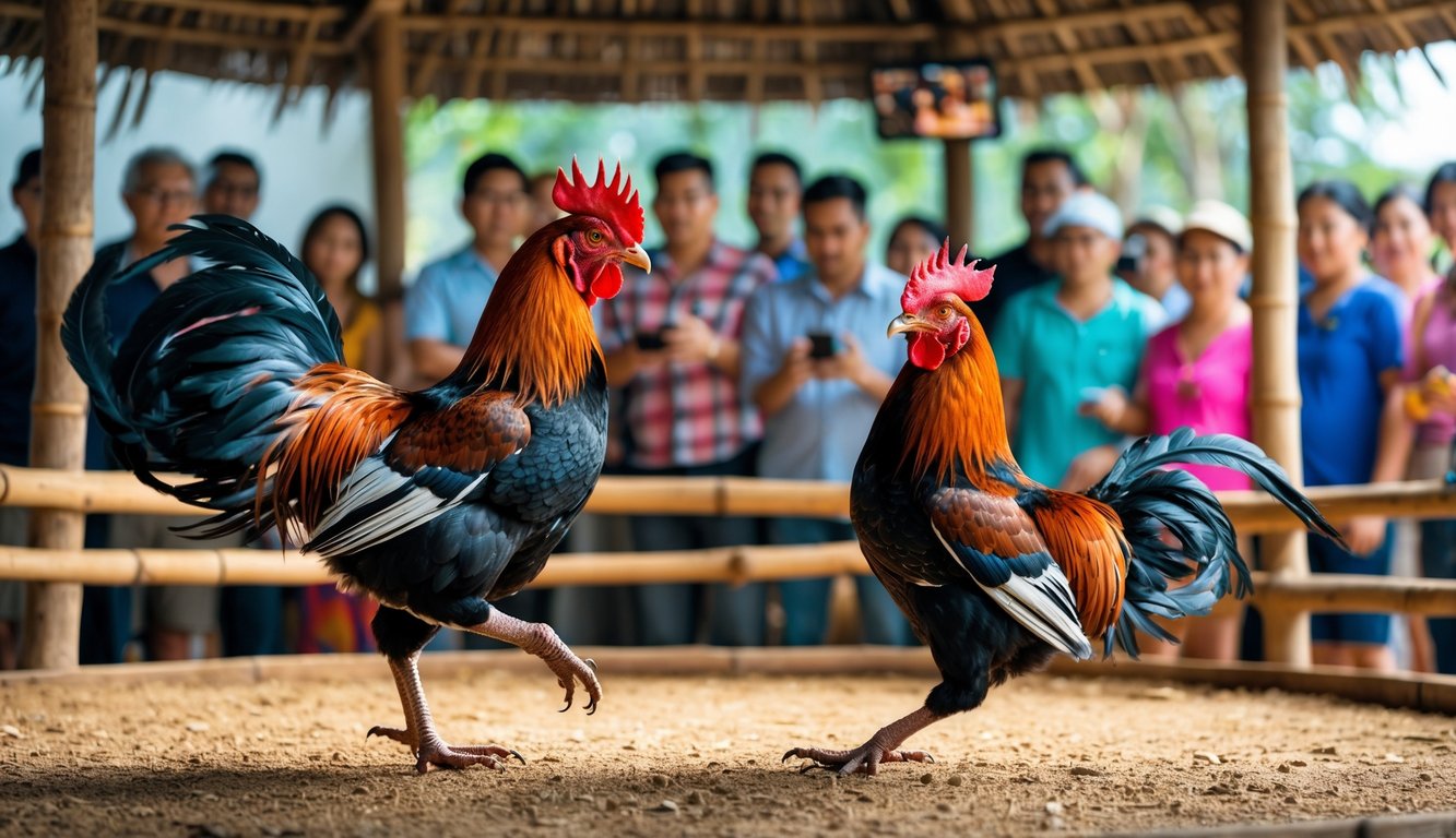 Dua ayam jago bertarung di arena kayu dengan orang-orang menonton sambil menggunakan ponsel dan tablet.
