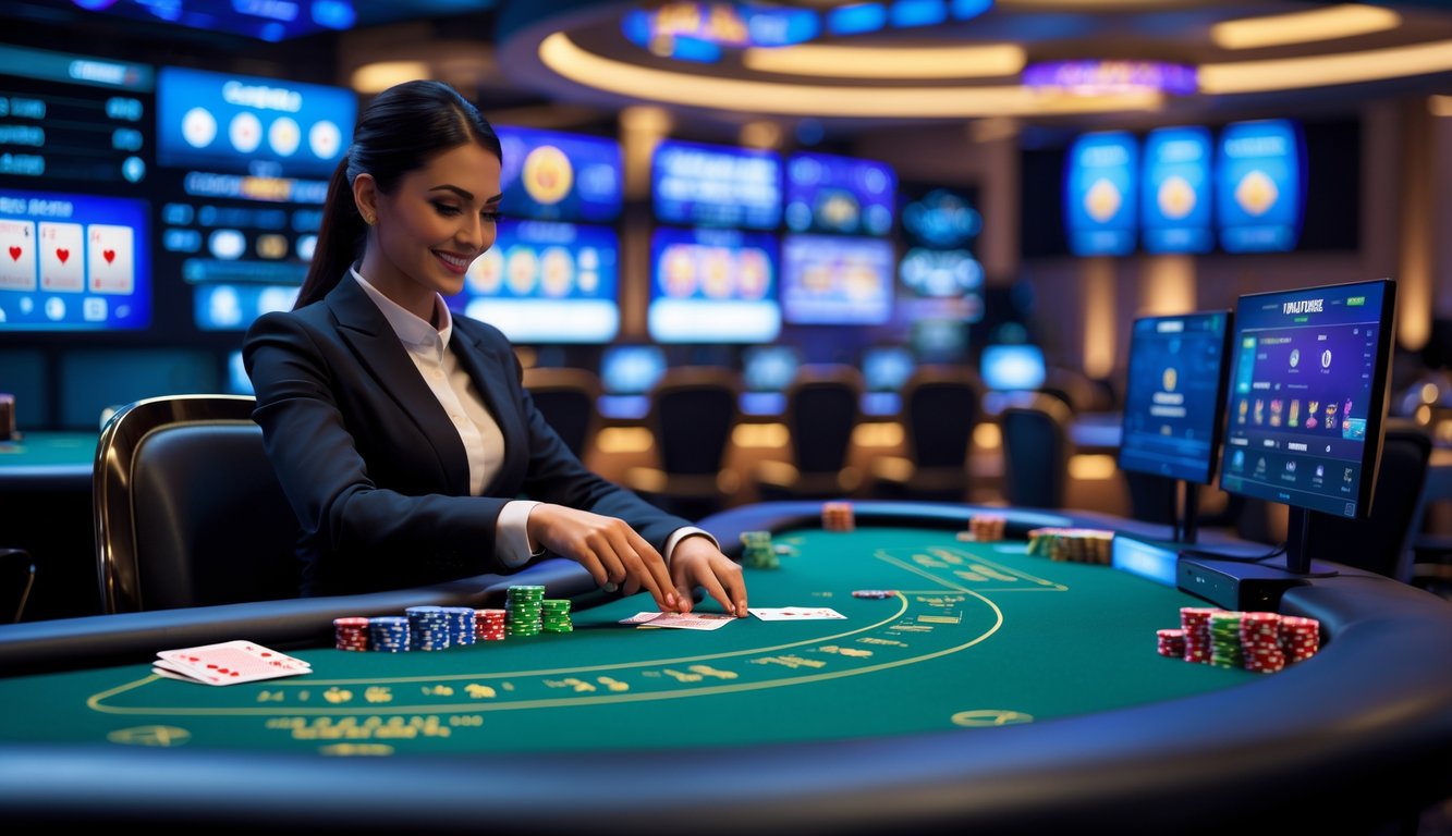 Seorang dealer profesional sedang membagikan kartu di meja kasino langsung dengan layar permainan kasino di latar belakang.