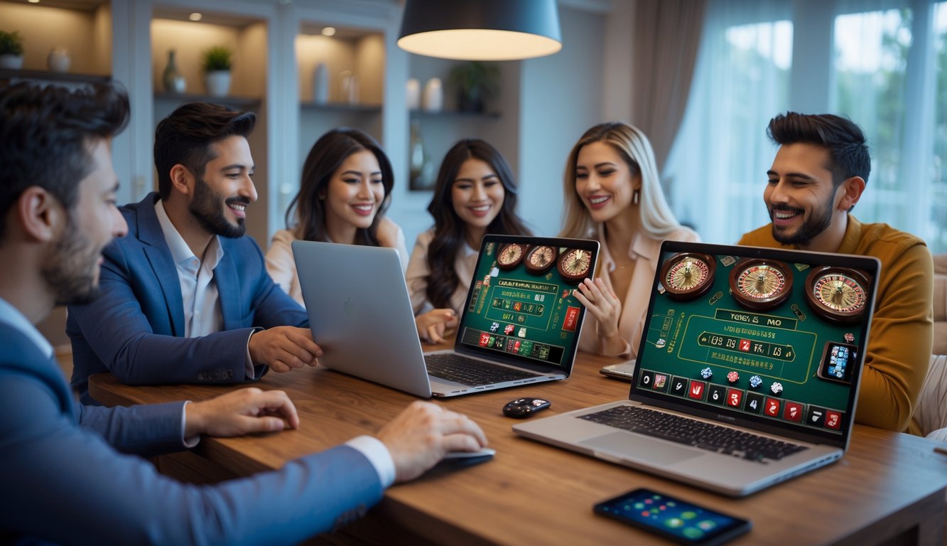 Sekelompok orang bermain permainan kasino langsung secara online menggunakan laptop dan ponsel di ruang tamu yang nyaman.