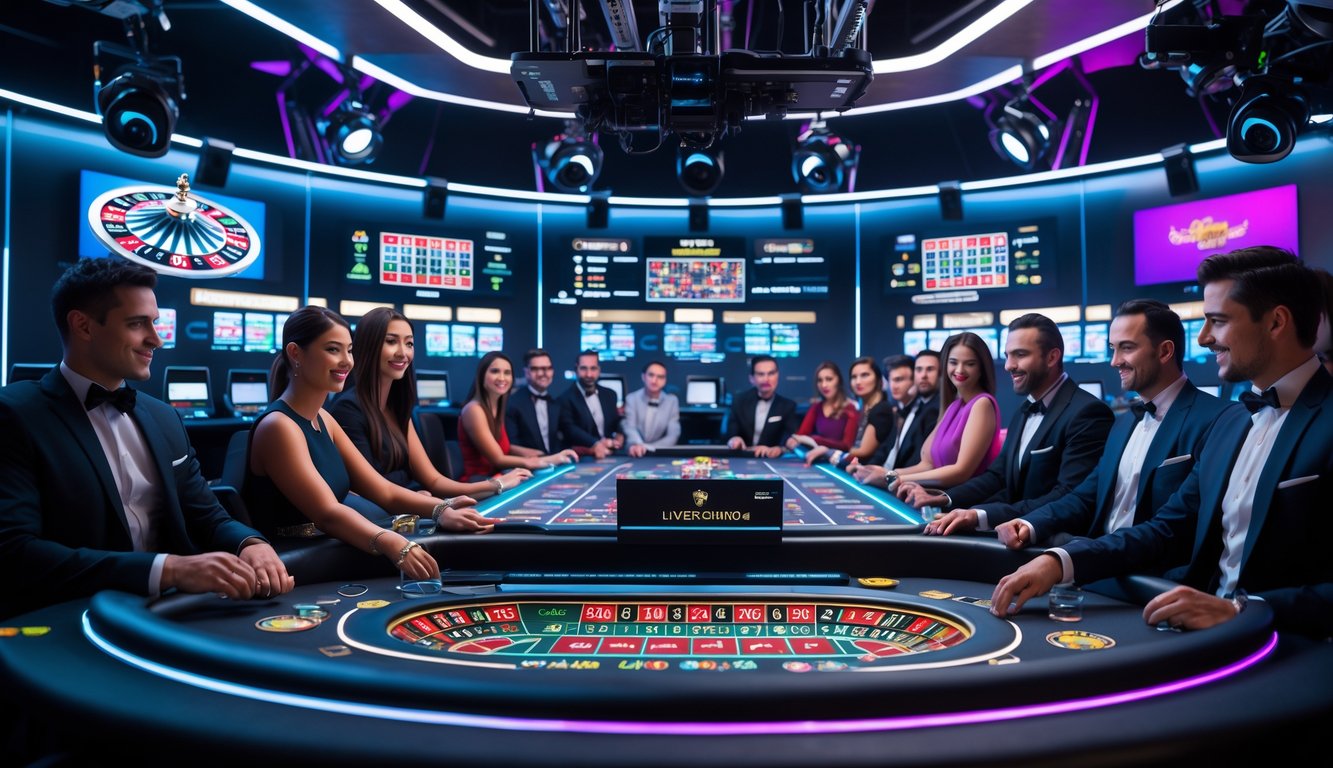 Seorang dealer dan pemain bermain di kasino online dengan layar besar dan peralatan streaming canggih.