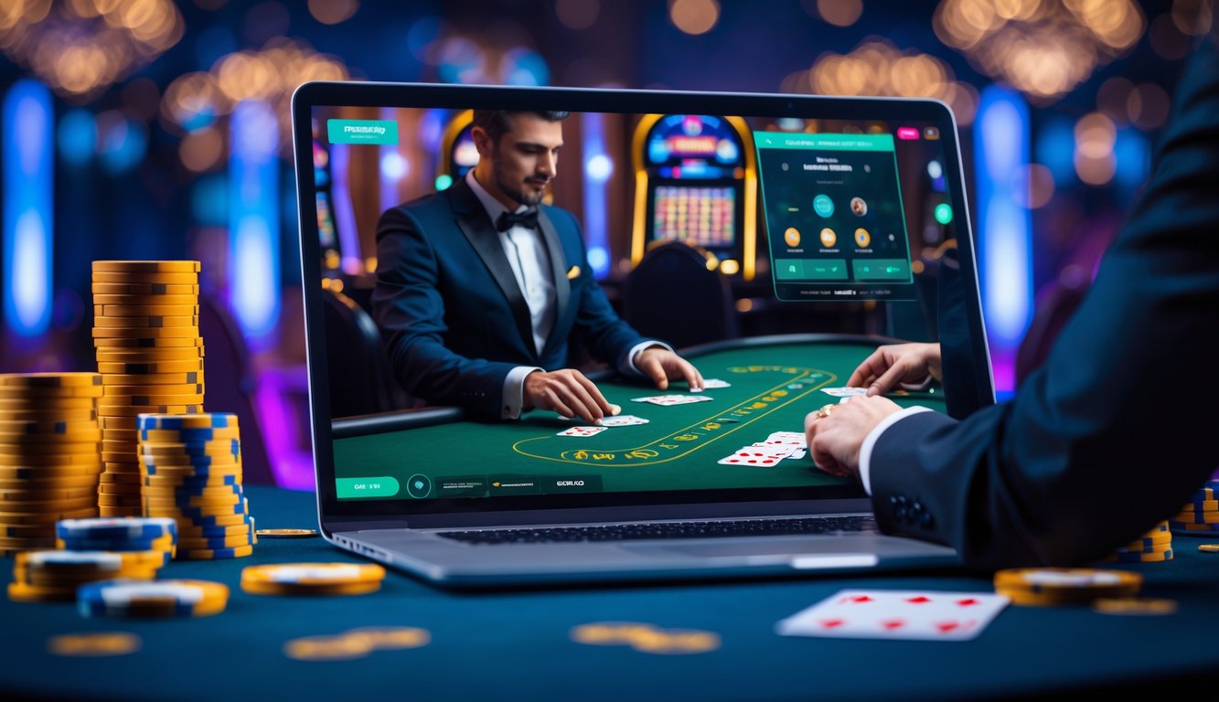 Seorang dealer kasino langsung sedang membagikan kartu di depan layar komputer dengan suasana kasino yang terang dan penuh warna di latar belakang.