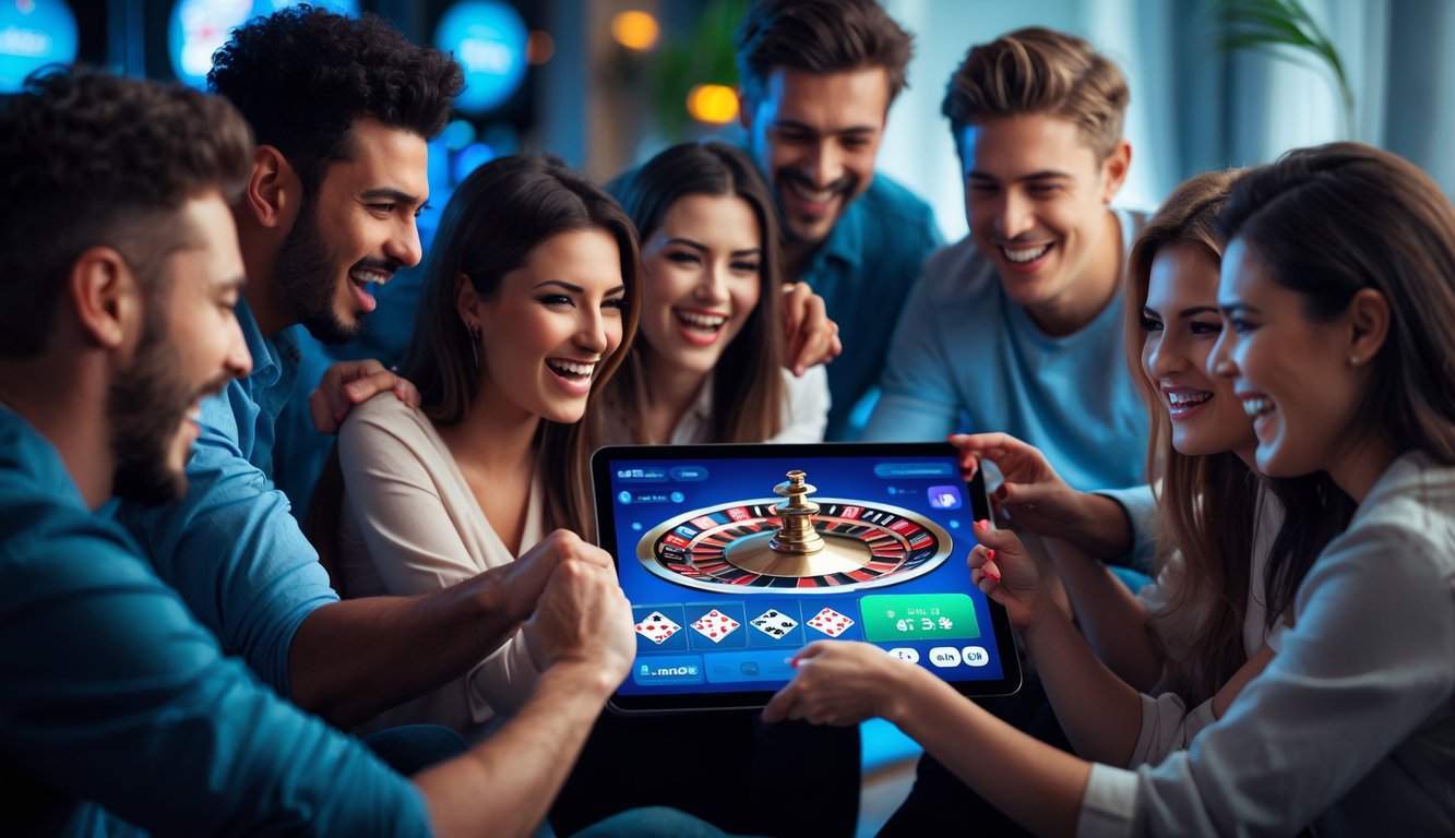 Sekelompok orang muda bermain permainan kasino langsung secara online menggunakan tablet di ruang tamu modern.