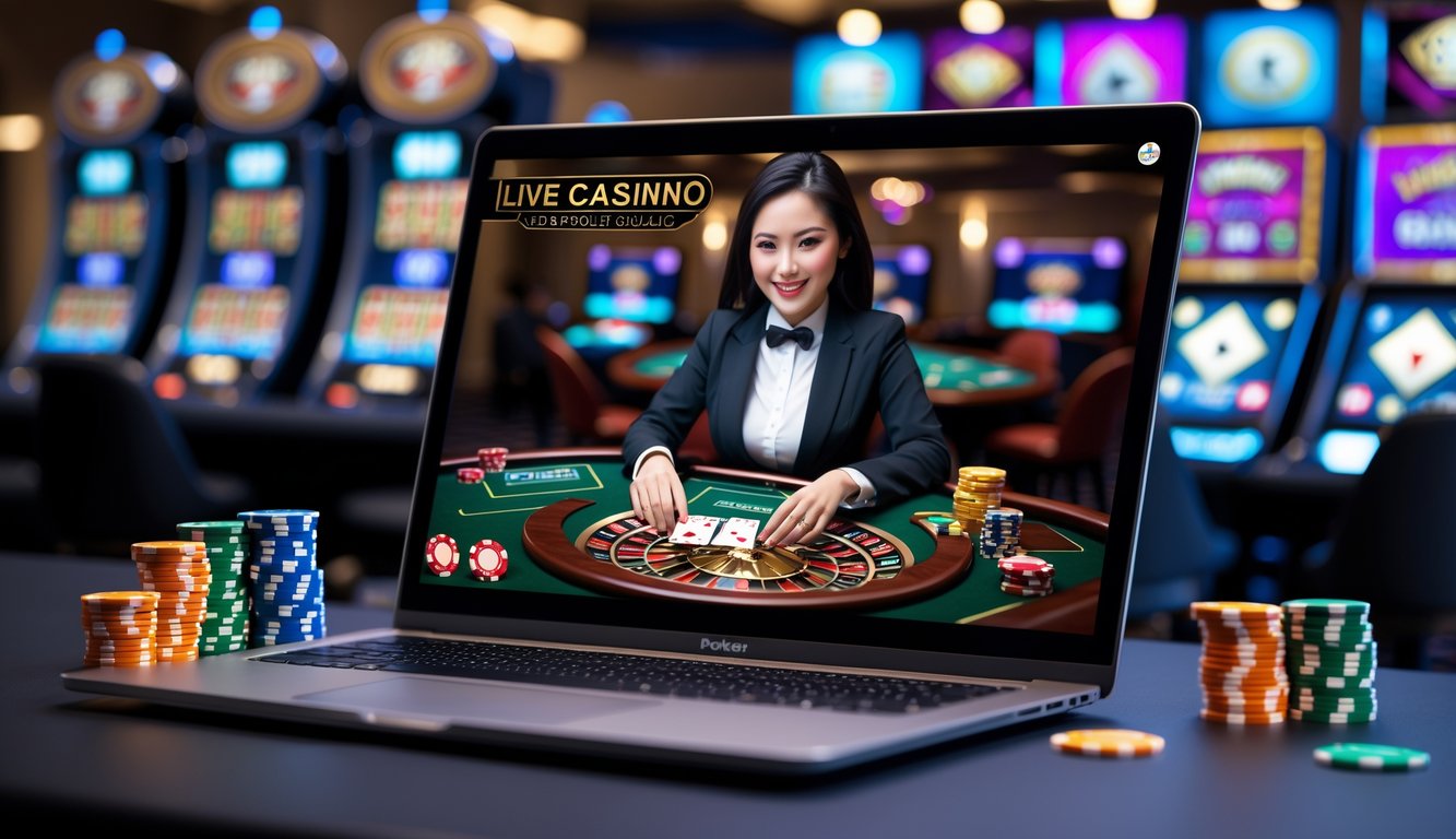 Seorang dealer kasino langsung sedang membagikan kartu di layar komputer dengan latar belakang permainan kasino populer.