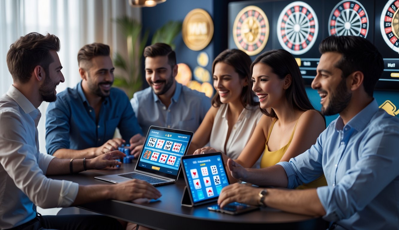 Beberapa orang bermain kasino online secara langsung di meja dengan perangkat digital, menunjukkan ekspresi fokus dan antusias.