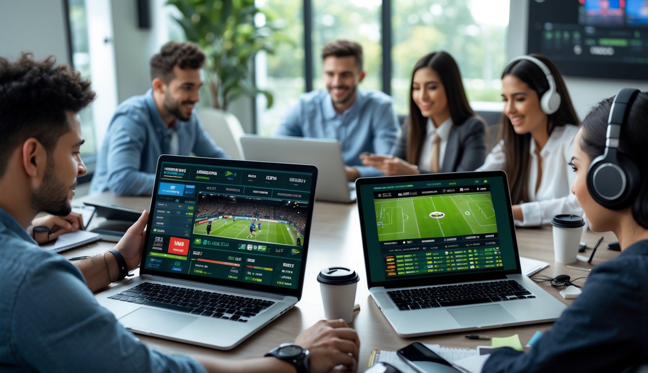 Sekelompok orang muda menggunakan perangkat digital untuk taruhan olahraga online secara real-time di ruangan modern.