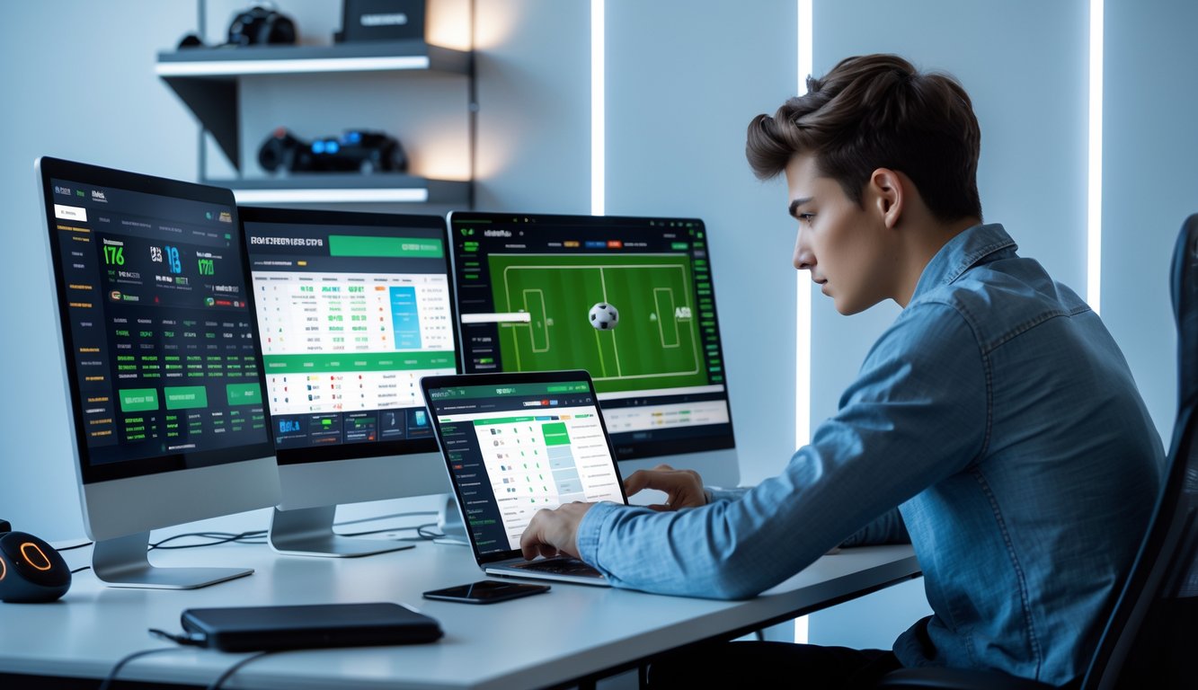 Seorang dewasa muda duduk di meja dengan beberapa layar komputer dan menggunakan laptop serta ponsel untuk taruhan online.