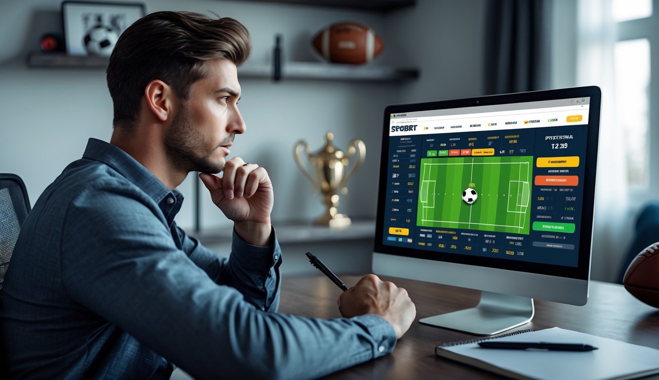 Seorang pria muda duduk di depan laptop dengan tampilan situs taruhan olahraga, sedang fokus menganalisis pertandingan sepak bola di ruang kerja rumah.