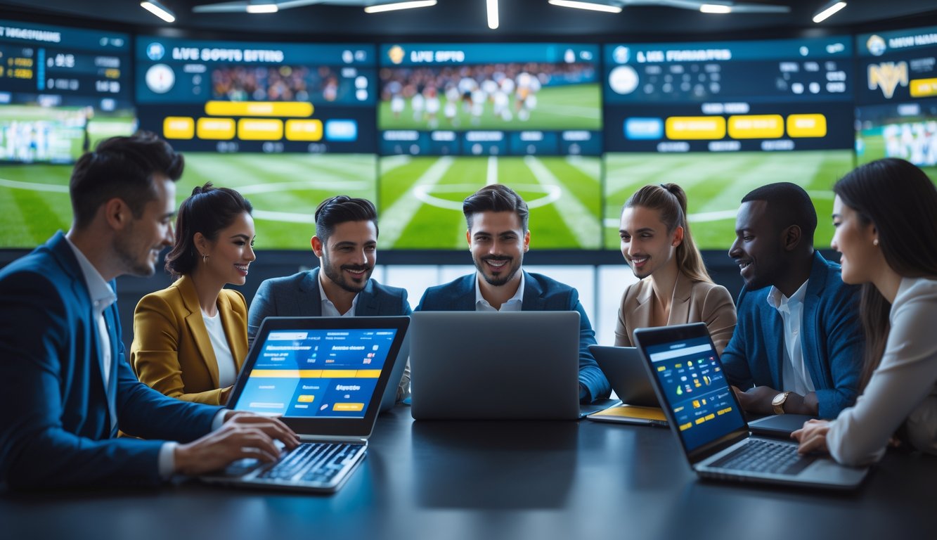 Sekelompok orang menggunakan perangkat digital untuk taruhan olahraga secara real-time di lingkungan modern.