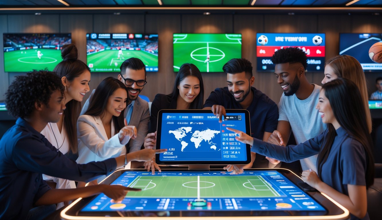 Sekelompok orang muda sedang berinteraksi dengan layar digital besar yang menampilkan berbagai acara olahraga internasional dan peluang taruhan di sebuah ruang modern.