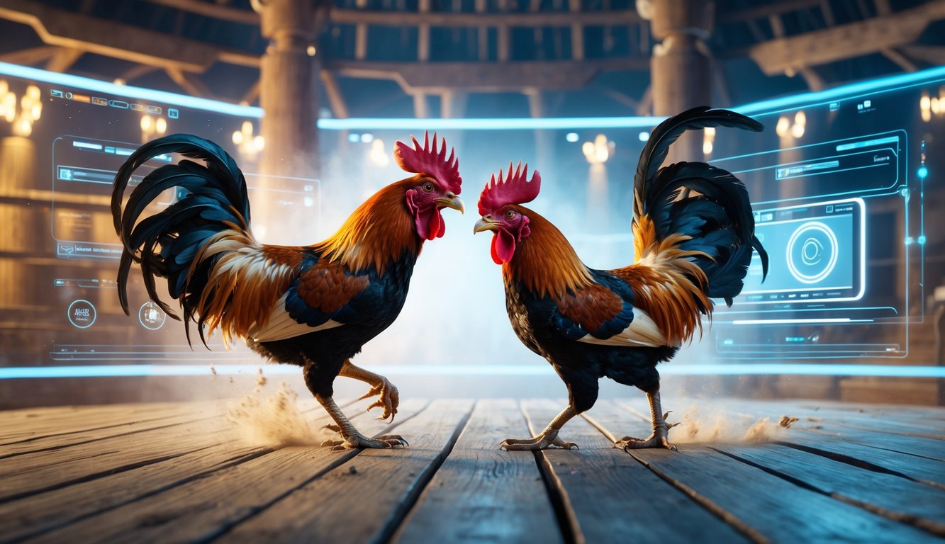 Dua ayam jantan sedang bertarung di arena dengan latar belakang elemen digital modern dan layar holografik.