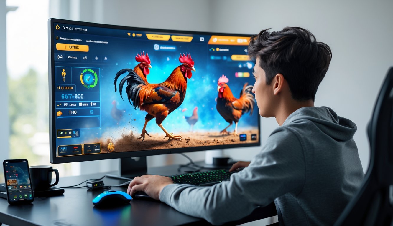 Seorang pria muda duduk di depan komputer dengan layar menampilkan permainan sabung ayam online yang sedang berlangsung.