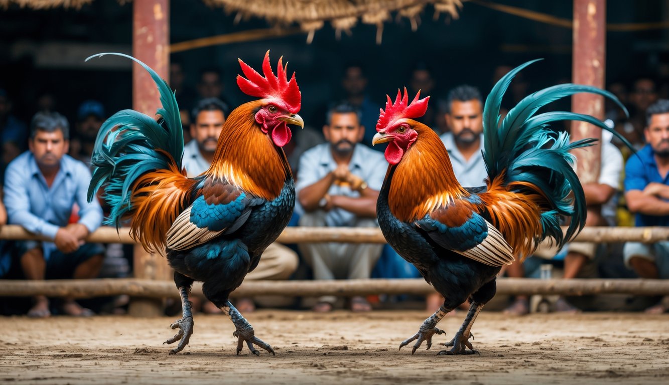 Dua ayam jago sedang bertarung di arena sabung ayam dengan penonton yang fokus menyaksikan pertandingan.