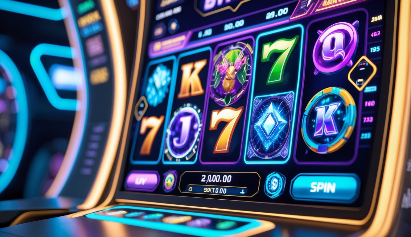 Layar mesin slot virtual dengan simbol warna-warni dan latar belakang futuristik yang cerah dan berteknologi tinggi.