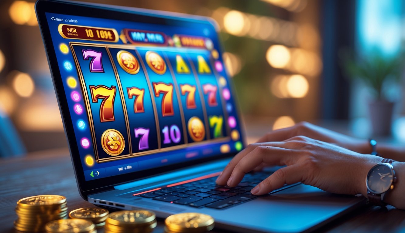 Seseorang sedang bermain slot online di komputer dengan layar menampilkan grafik mesin slot berwarna-warni.
