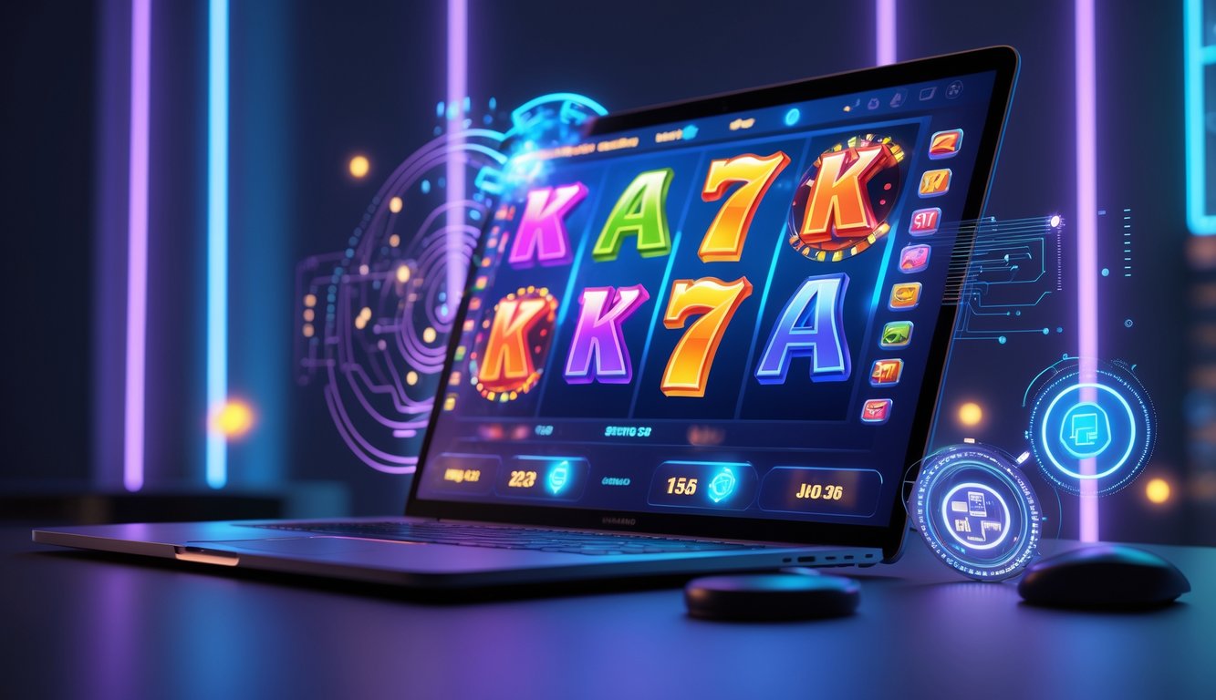 Seorang pengguna bermain slot online di komputer dengan layar menampilkan simbol warna-warni dan efek digital di latar belakang yang gelap dengan lampu neon biru dan ungu.