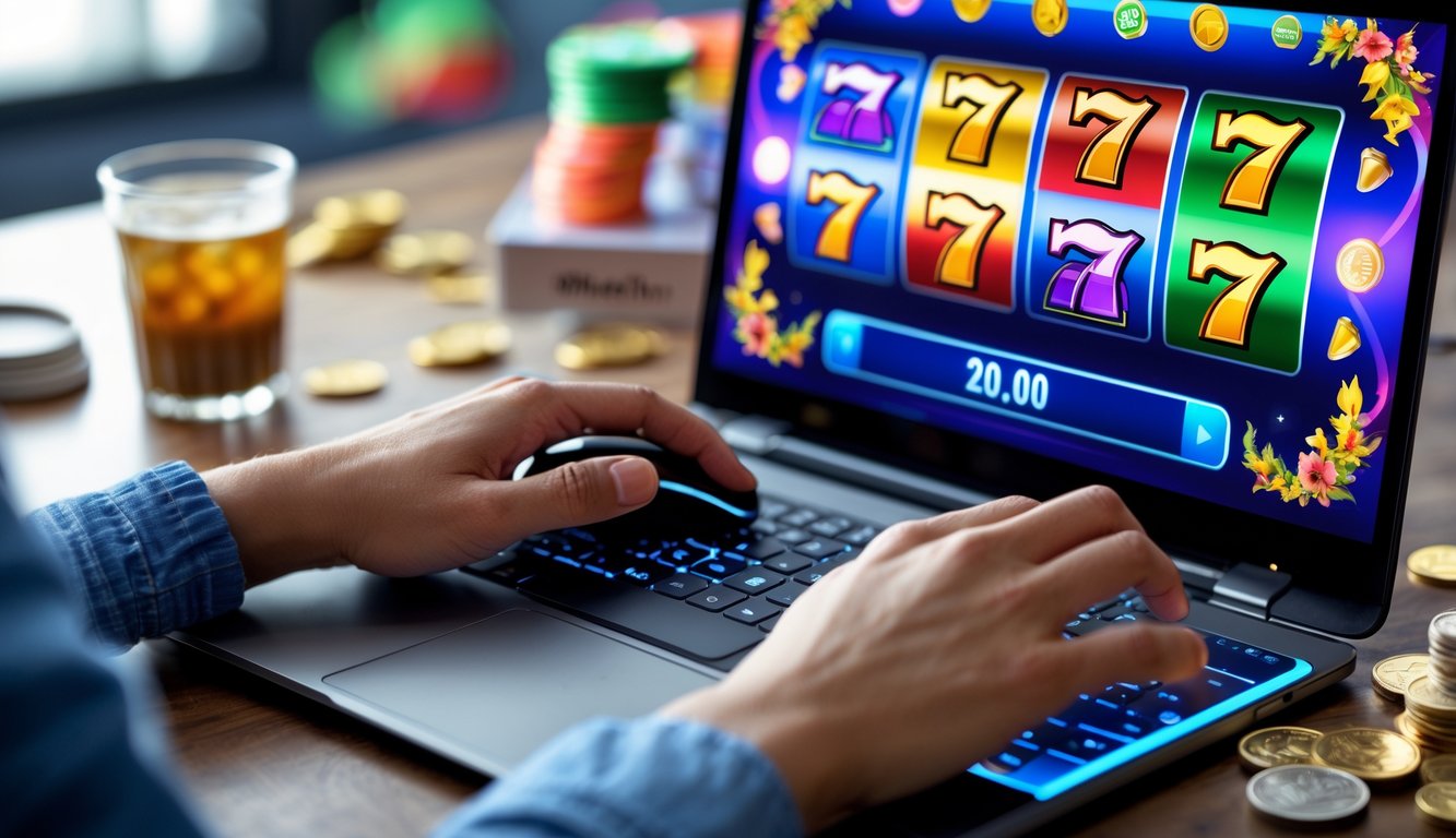 Seseorang bermain permainan slot online di komputer dengan tampilan permainan berwarna cerah dan simbol slot yang berputar.