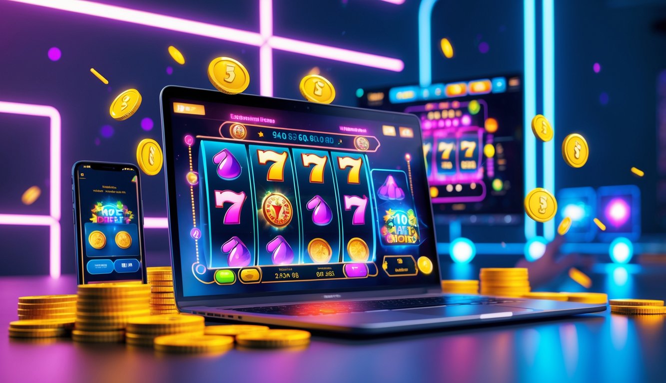 Seseorang sedang bermain game slot online di komputer dan ponsel dengan latar belakang futuristik dan elemen interaktif di sekitar perangkat.