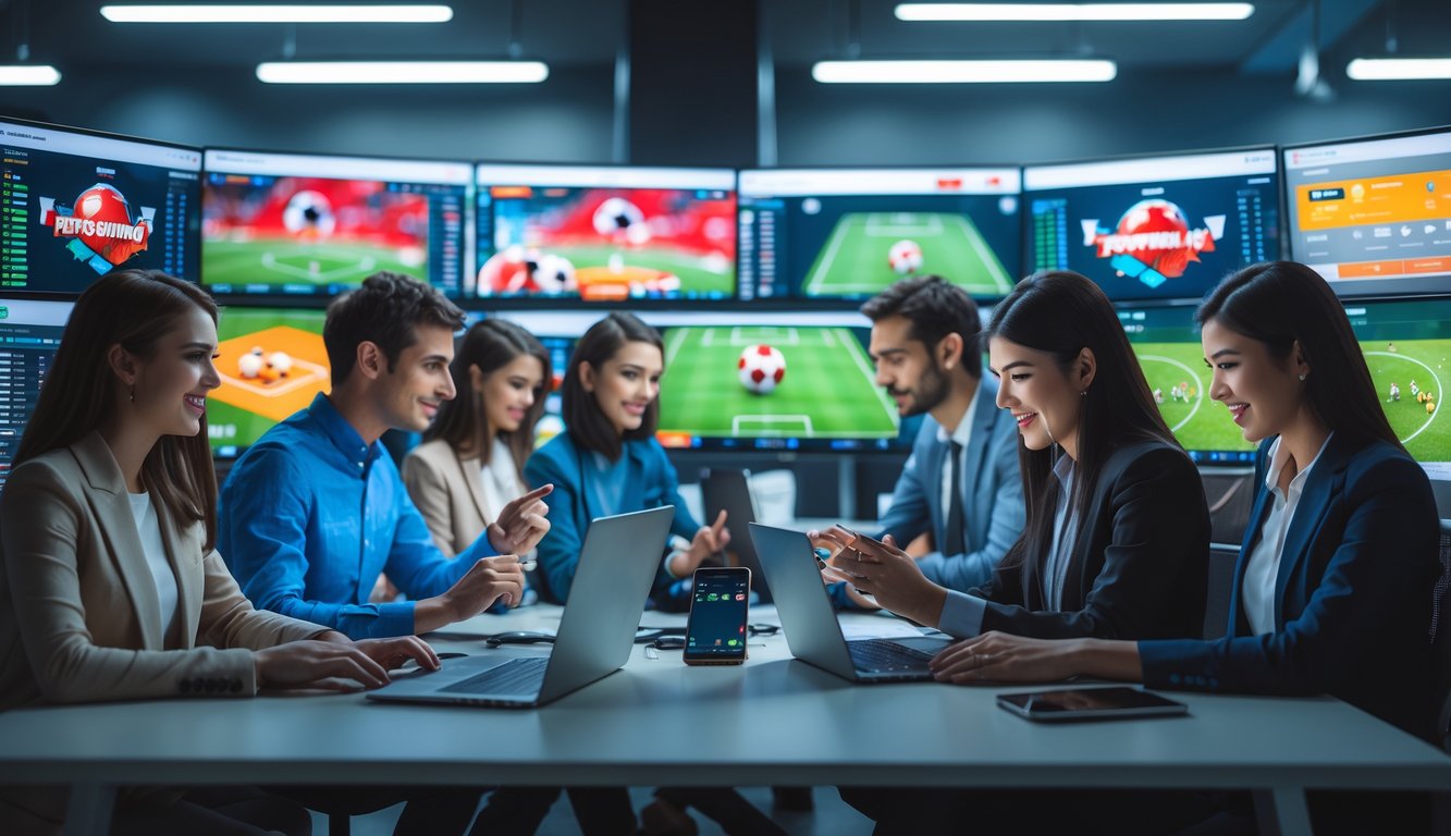 Sekelompok orang muda menggunakan perangkat digital untuk mengikuti pertandingan sepak bola dan e-sports secara online di ruang kerja modern.