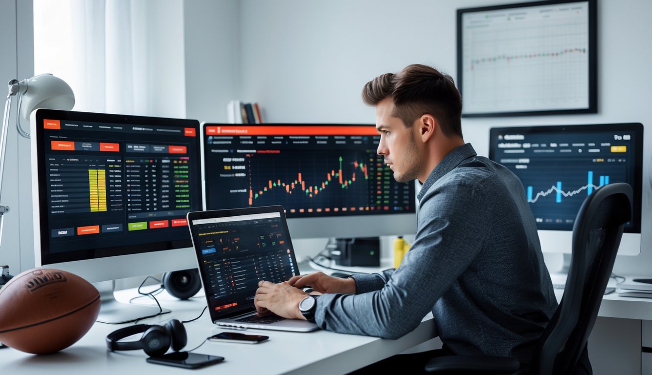 Seorang pria muda fokus duduk di depan meja dengan beberapa layar komputer menampilkan statistik dan grafik taruhan olahraga.