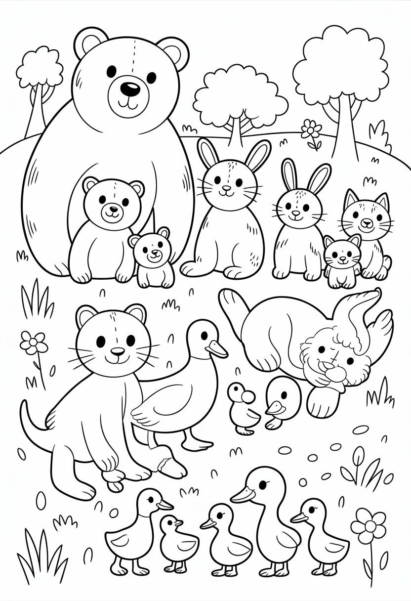 I Love My Family Coloring Pages List of 13 Fun and Educational Designs 20 A joyful scene showing different animal families including bears, rabbits, ducks, and cats outdoors with trees, flowers, and grass.
