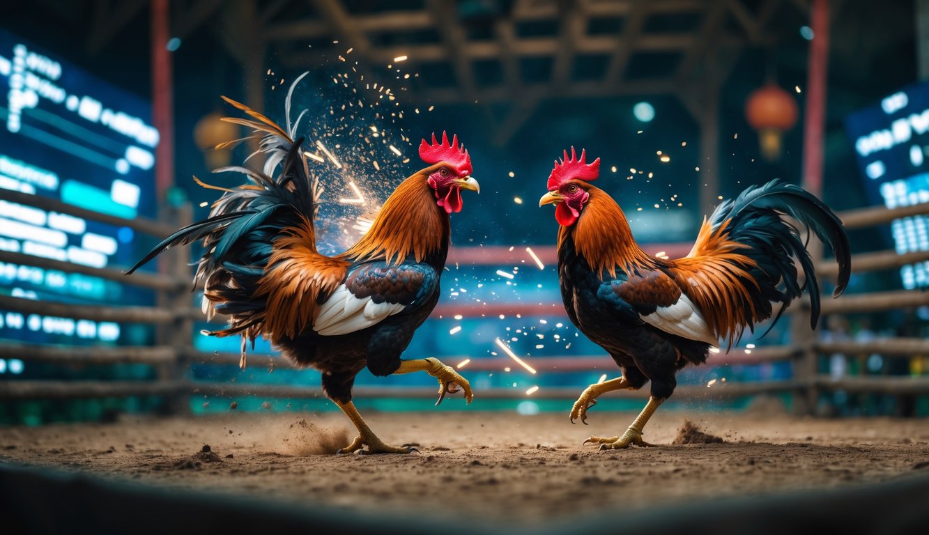 Dua ayam jago sedang bertarung dengan latar belakang efek digital yang menggambarkan dunia online.