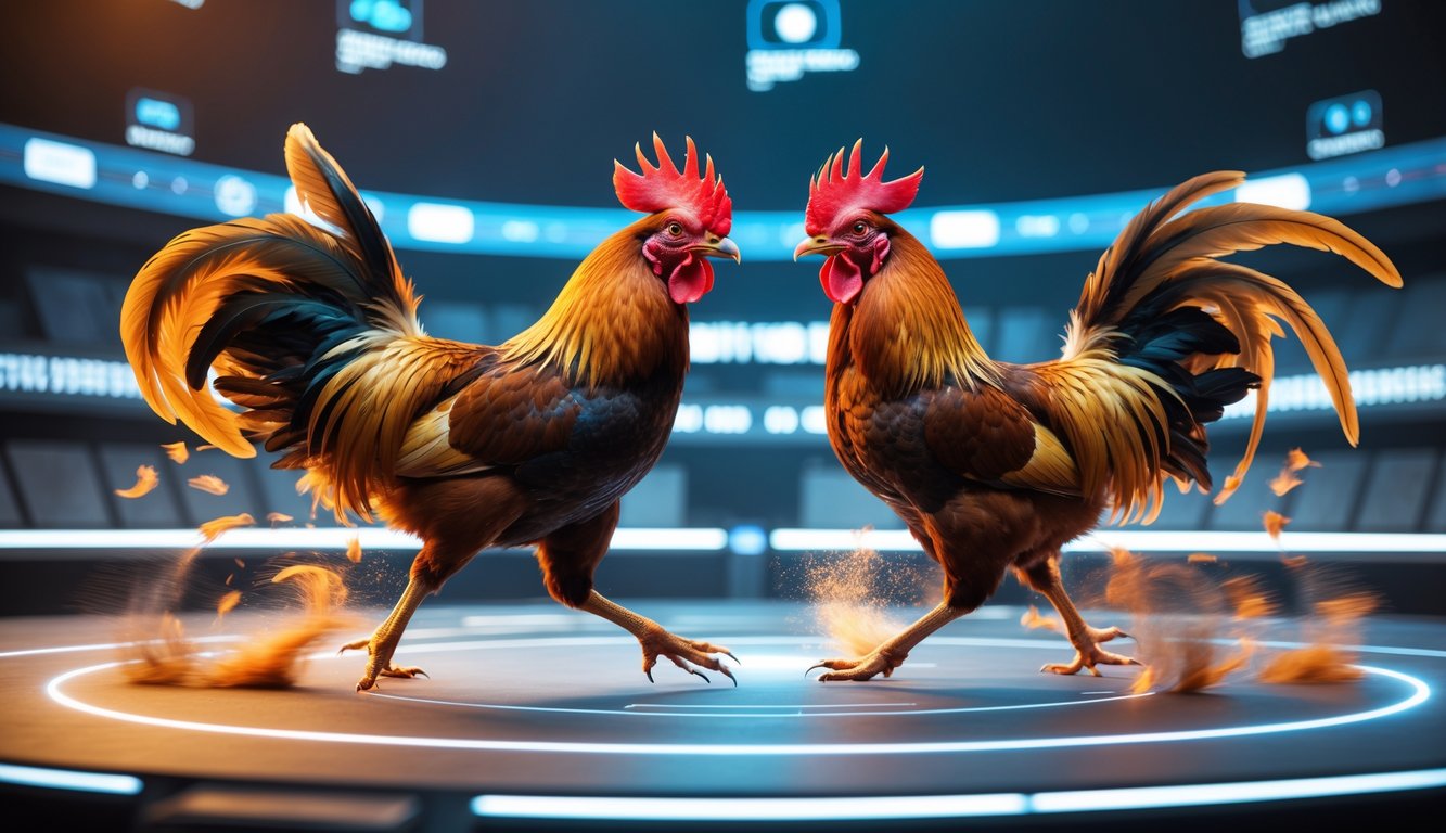 Dua ayam jago sedang bertarung di arena modern dengan elemen digital di sekitarnya.