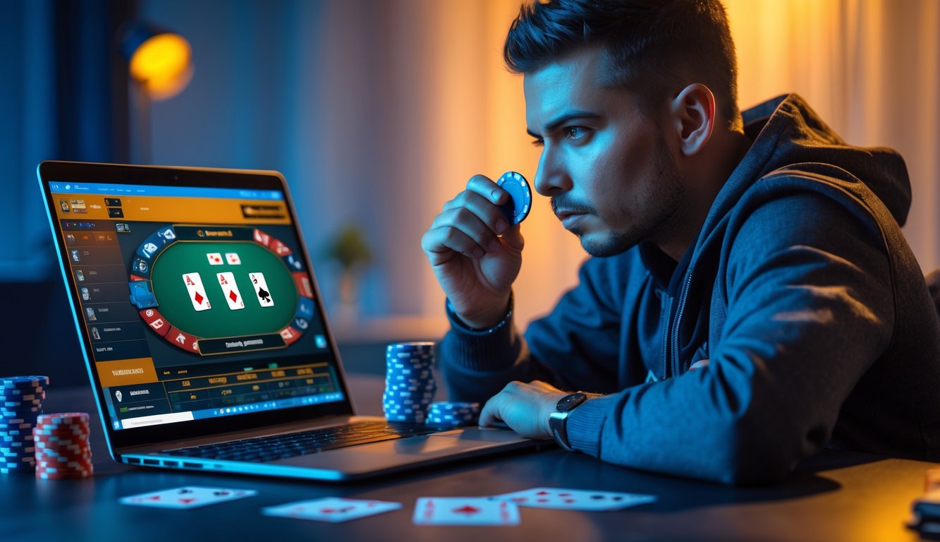 Seorang pemain dewasa sedang fokus bermain judi poker online di depan laptop dengan chip poker dan kartu di meja.