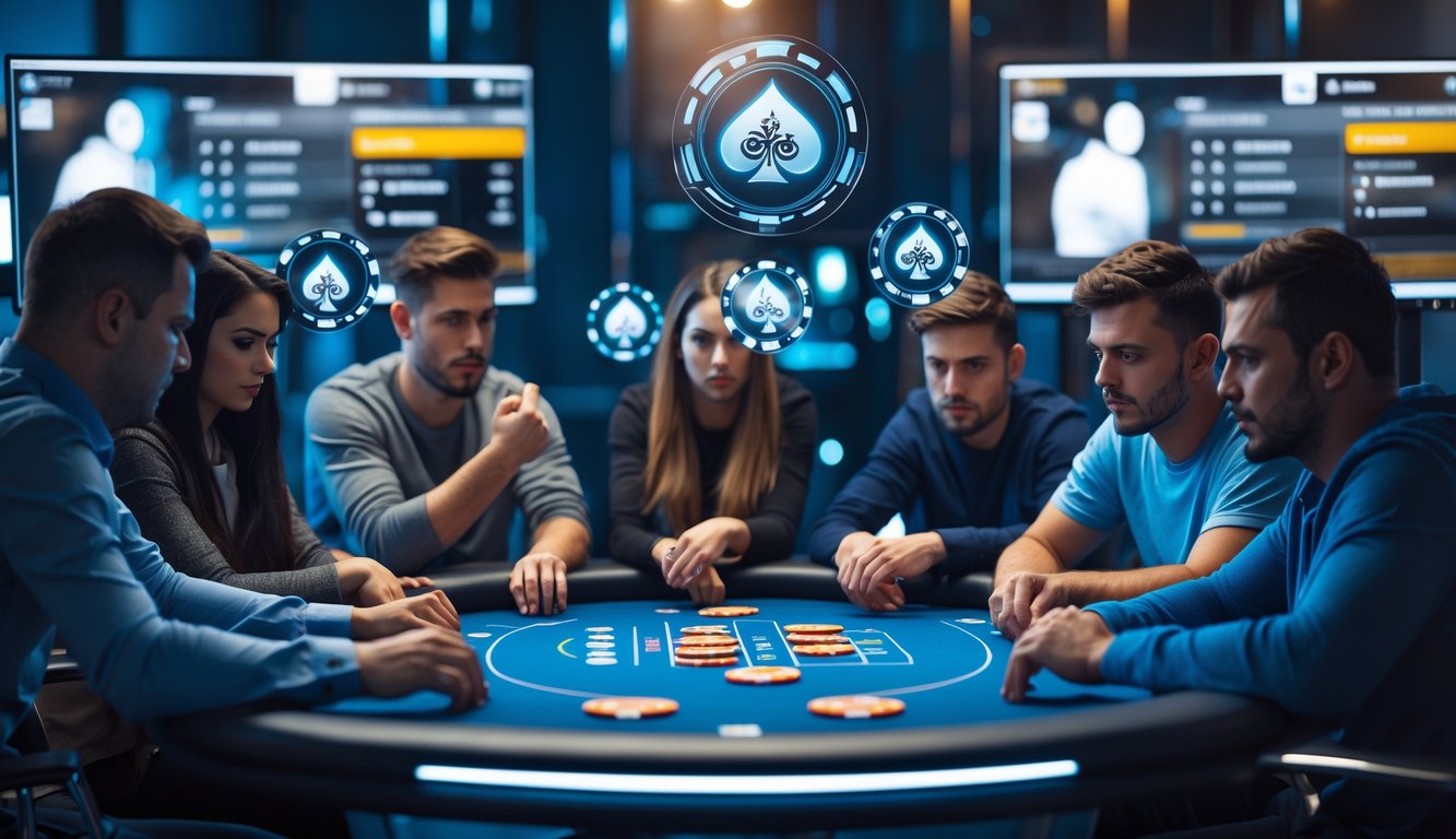 Beberapa pemain poker online sedang berkonsentrasi di sekitar meja poker digital dengan chip dan kartu holografis di sebuah ruangan modern.