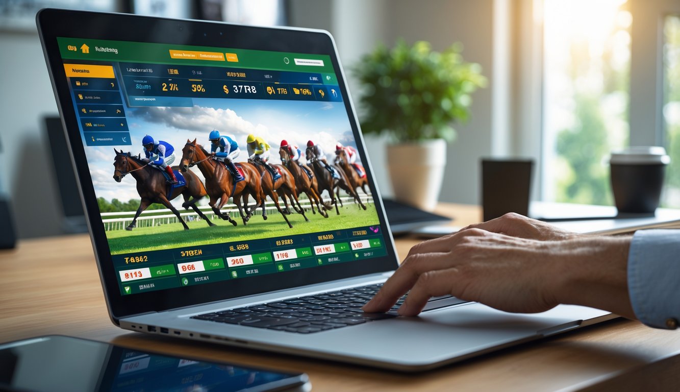 Seseorang menggunakan laptop dengan tampilan lomba balap kuda digital di layar, di sebuah meja kerja dengan suasana modern.
