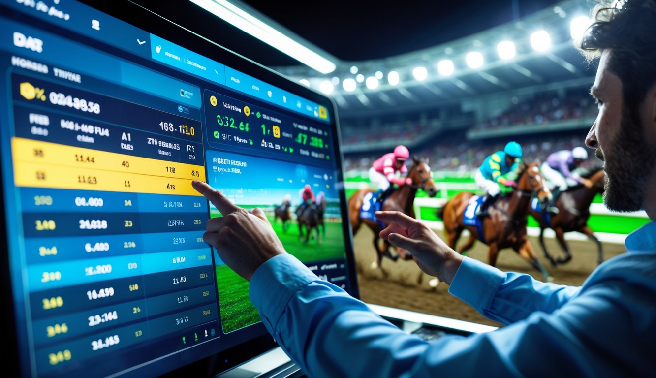 Seorang pria fokus menggunakan layar sentuh digital untuk melihat data balap kuda online dengan latar belakang kuda-kuda yang sedang berlari kencang di lintasan balap.