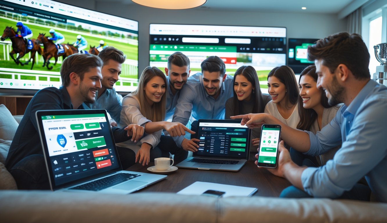 Sekelompok orang muda menggunakan perangkat digital untuk bertaruh pada balap kuda secara online di ruang tamu yang modern.