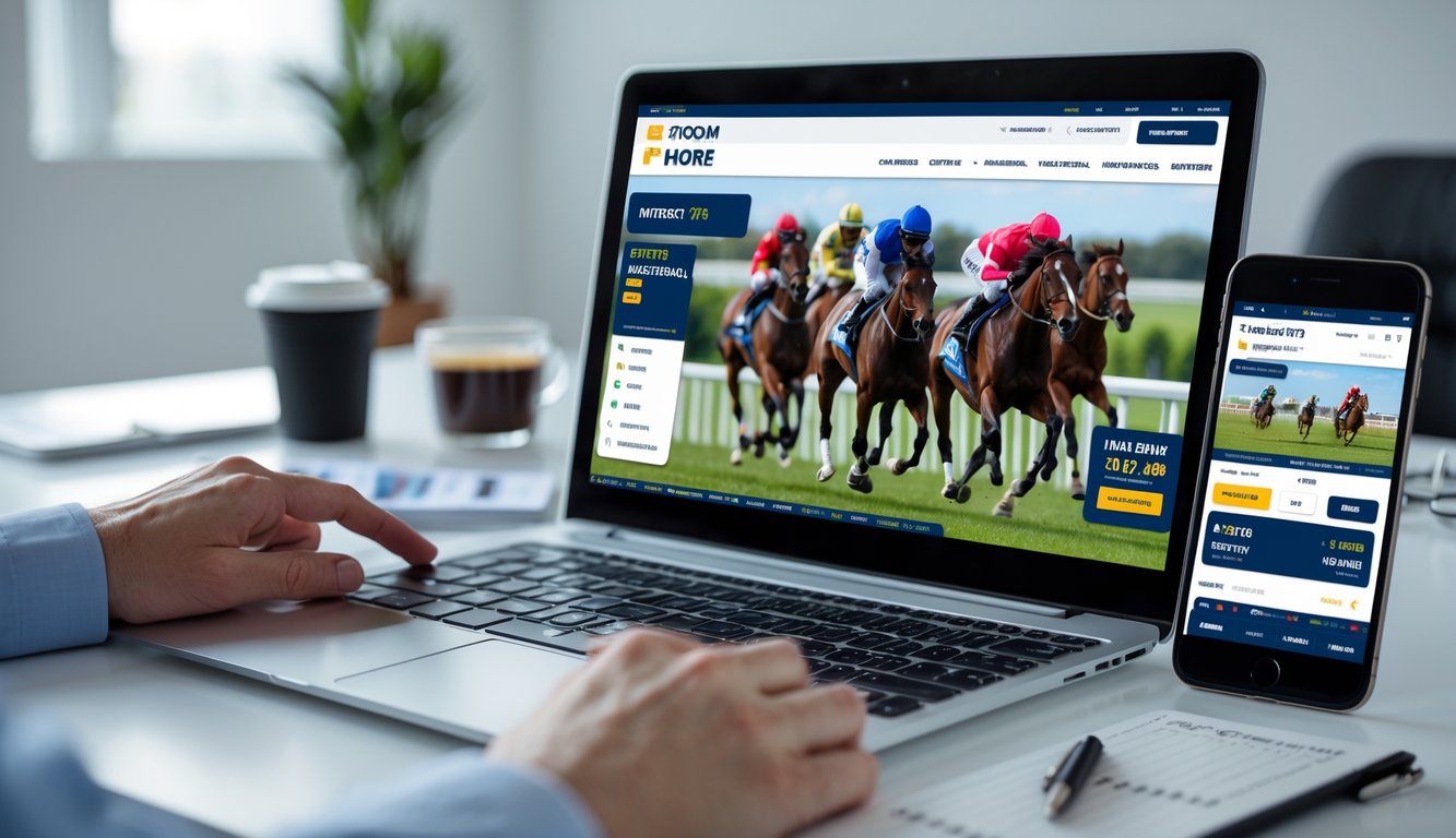 Seseorang sedang menggunakan laptop dan ponsel untuk memasang taruhan balap kuda secara online dengan tampilan layar yang menampilkan grafik balapan kuda.