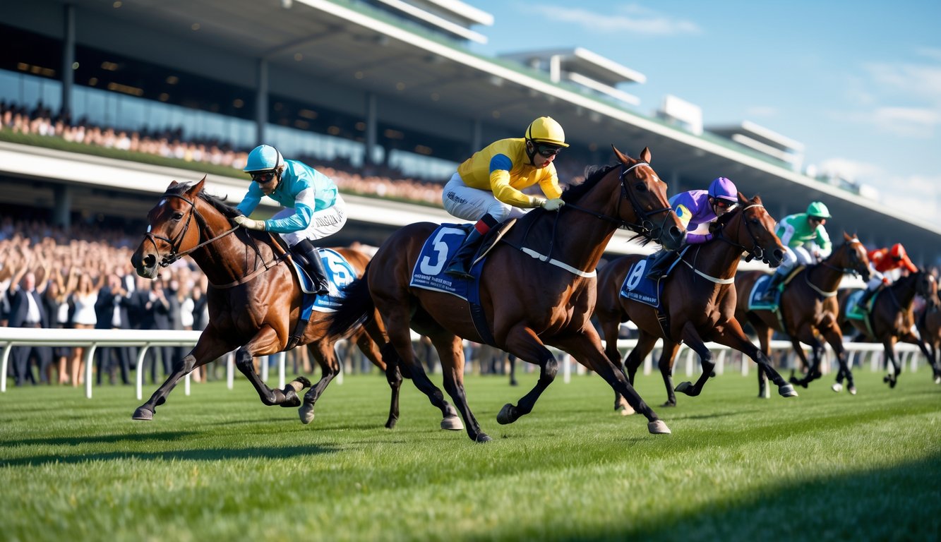 Beberapa kuda pacu berlari cepat dengan joki mengenakan pakaian warna-warni di lintasan balap, dikelilingi oleh penonton yang bersorak.