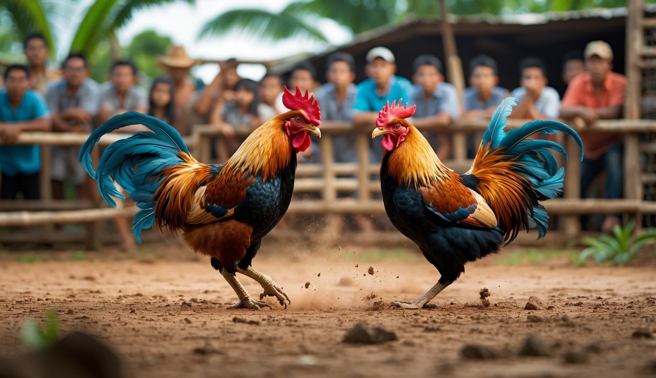 Dua ayam jago sedang bertarung di arena luar ruangan dengan penonton di sekitarnya.