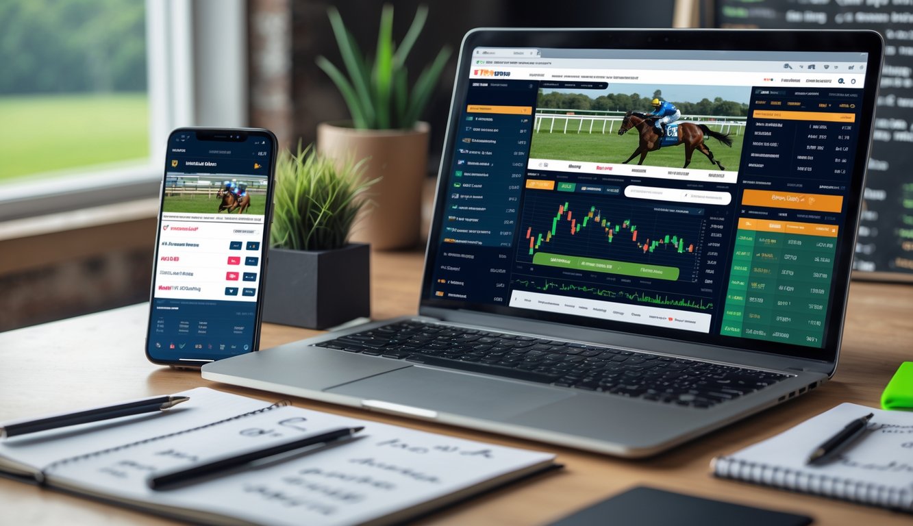 Seorang pria sedang menggunakan laptop dan ponsel untuk memasang taruhan balap kuda online di sebuah meja kerja.